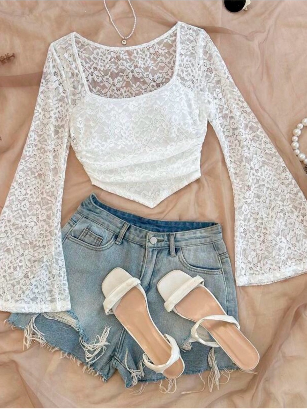 Lace Square-Neck Crop Top with Bell Sleeves - White